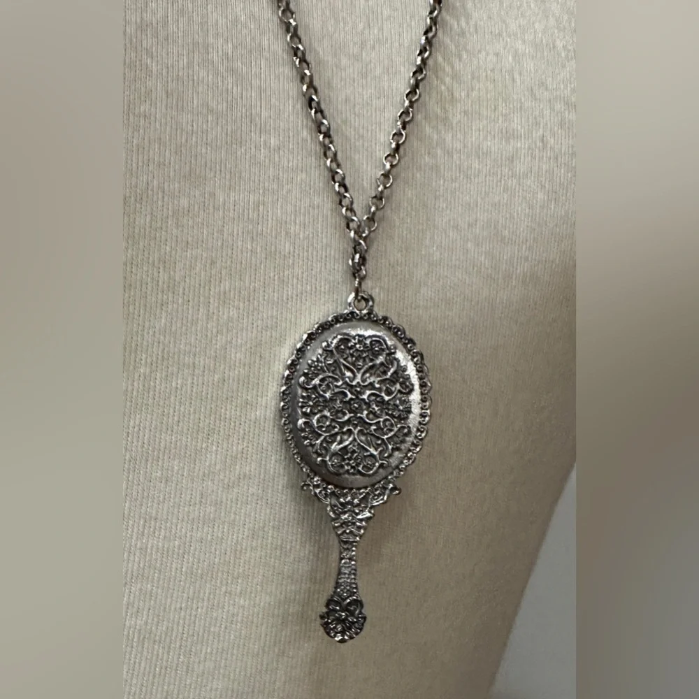 Vintage Silver Hand Mirror Pendant Necklace